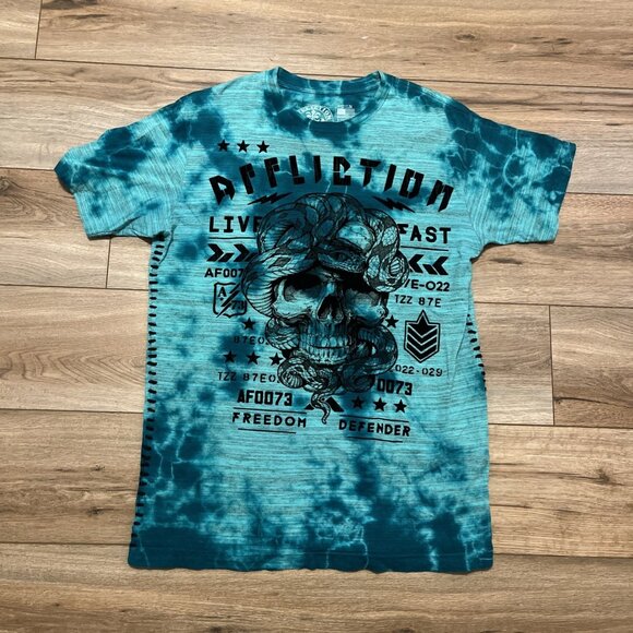 Men's Affliction Freedom Defender Shirt MEDIUM Teal Tie Dye Skull Snake Rocker - Picture 1 of 6